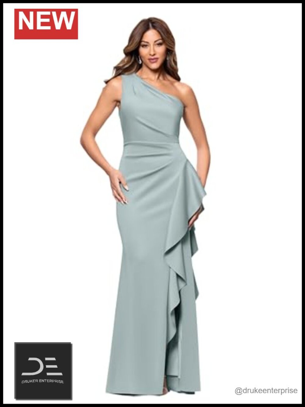 One Shoulder Floor Length Ruffle Bodice Evening Dress Side Slit